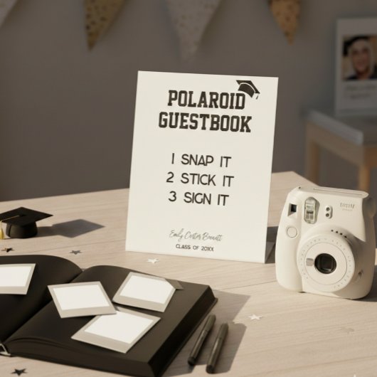 ブラックホワイトの卒業Polaroidゲストブック 台座サイン