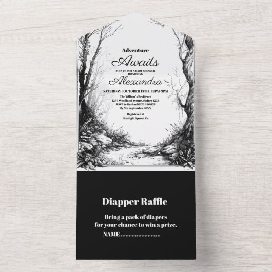 ブラックホワイトの素朴な森林アドベンチャー ベビーシャワー オールインワン招待状 (内側)