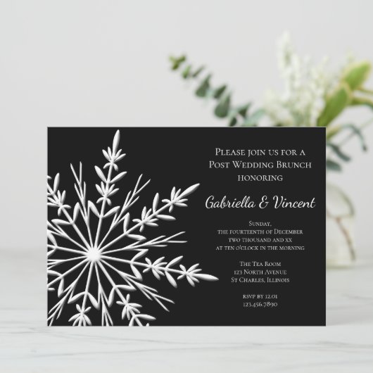 ブラックホワイトの雪の結晶 ウインターポストウェディング ブランシュ 招待状 (スタンド正面)