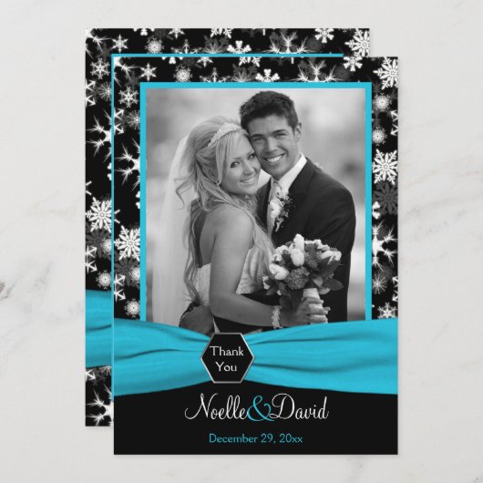 ブラックホワイトアクアスノーフレークサンキューカード – フラット 招待状 (正面/裏面)