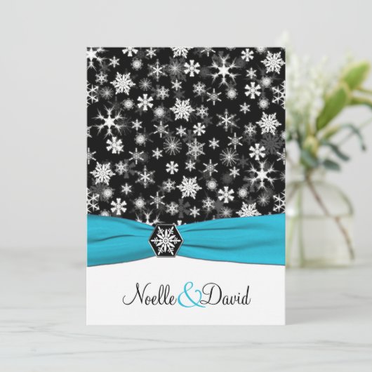 ブラックホワイトアクアスノーフレーク結婚式招待状 招待状 (スタンド正面)