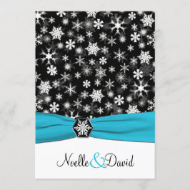 ブラックホワイトアクアスノーフレーク結婚式招待状 招待状