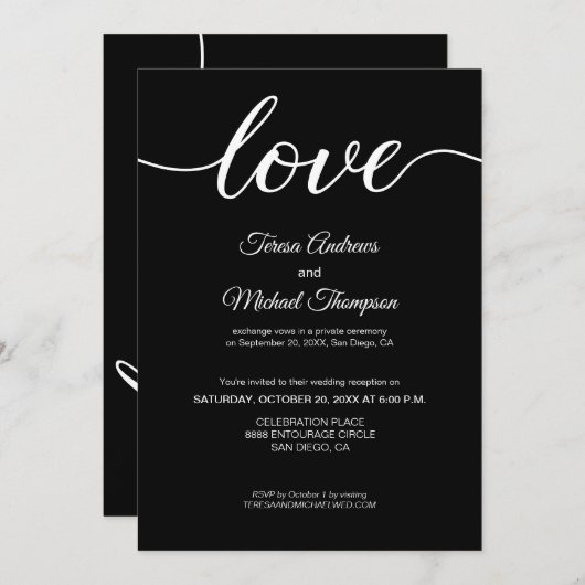 ブラックホワイトエレガントな駆け落ち結婚式の披露宴 招待状 (正面/裏面)