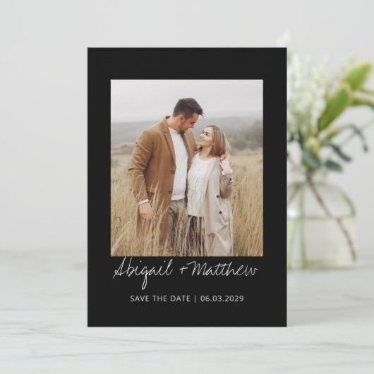 ブラックホワイトシンプル手書きSave The Date写真 招待状 (スタンド正面)