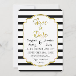 ブラックホワイトストライプ ゴールド 結婚式 Save the Date セーブザデート