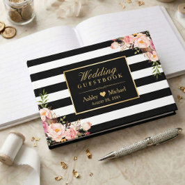 ブラックホワイトストライプ フラワーの結婚式ゲストブック ゲストブック