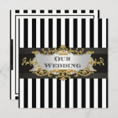 ブラックホワイトストライプ ブラックリボン 結婚式招待状 招待状 (正面/裏面)