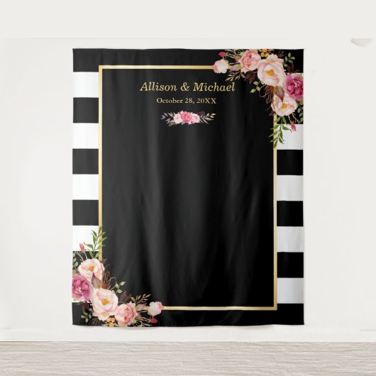 ブラックホワイトストライプ ブラッシュ フローラル ウェディング バックドロップ タペストリー (正面)