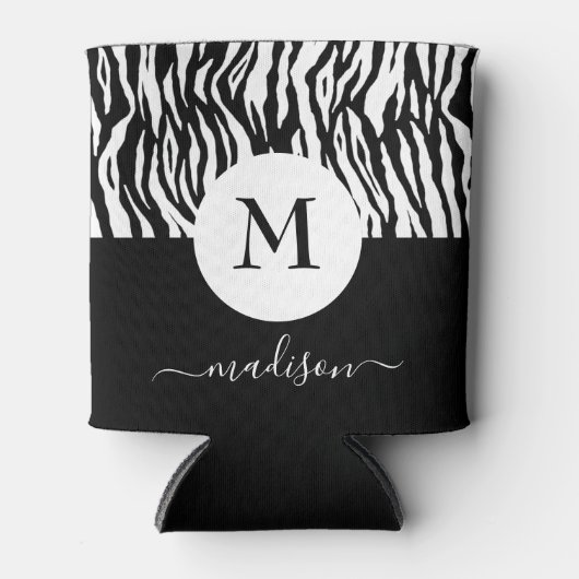 ブラックホワイトゼブラアニマルプリントモノグラム名おしゃれ 缶クーラー (正面)