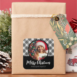 ブラックホワイトタータン クリスマス カスタム写真名 スクエアシール