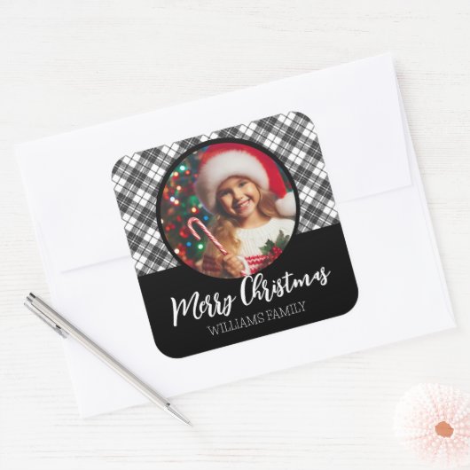 ブラックホワイトタータン クリスマス カスタム写真名 スクエアシール (封筒)
