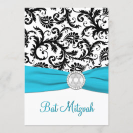 ブラックホワイトダマスクとアクアプリントリボン 招待状