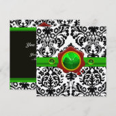 ブラックホワイトダマスク、シャムロック、レッドワックスシールモノグラム 招待状 (正面/裏面)