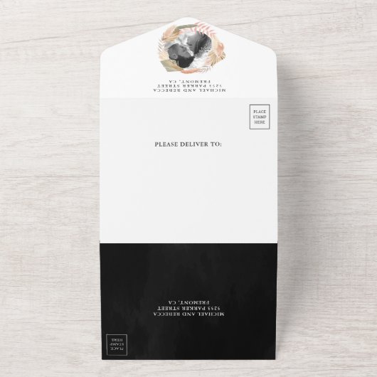 ブラックホワイトパンパスグラス ドライ パームリーフ ウェディング オールインワン招待状 (外側)