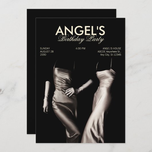 ブラックホワイトファッションシルクドレスグラマーエステティック 招待状 (正面/裏面)