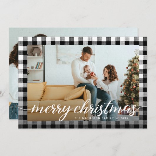 ブラックホワイトファームハウスプレイド写真 メリークリスマス シーズンカード (正面/裏面)