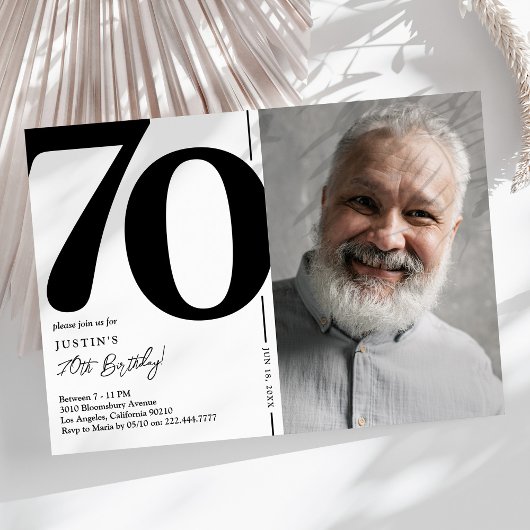 ブラックホワイトフォト70歳の誕生日パーティー 招待状