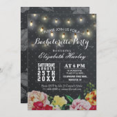 ブラックホワイトフラワー ストリング ライト バチェロレッテ パーティー 招待状 (正面/裏面)