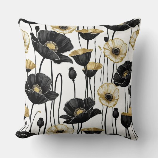 ブラックホワイトポピーと金ゴールドポピー クッション (正面)