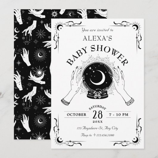 ブラックホワイトマジックムーンクリスタルボールベイビーシャワー 招待状 (正面/裏面)