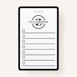 ブラックホワイトモノグラム名前To Doリストホワイトボード バッジ