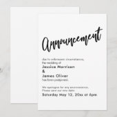 ブラックホワイト シンプル 延期 結婚発表 招待状 (正面/裏面)