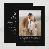 ブラックホワイト シンプル 手書き Save The Date フォト 招待状 (正面/裏面)