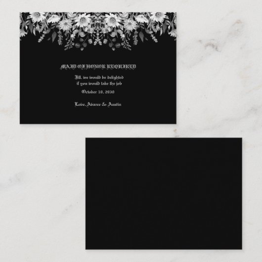 ブラックホワイト フラワー ウェディング メイド オブ オナー エンクロージャーカード (正面/裏面)