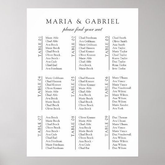 ブラックホワイト.ミニマルスタイリッシュ結婚座席表 ポスター (正面)
