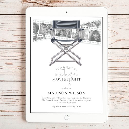 ブラックホワイト ヴィンテージ 映画の夜 大人の誕生日 招待状