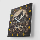 ブラックホースアットファームウィズネームベティ スクエア壁時計 (傾斜)