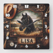 ブラックホースポートレートウェスタンデコールエレメント スクエア壁時計 (正面)