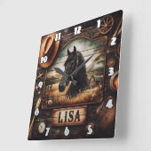ブラックホースポートレートウェスタンデコールエレメント スクエア壁時計 (傾斜)