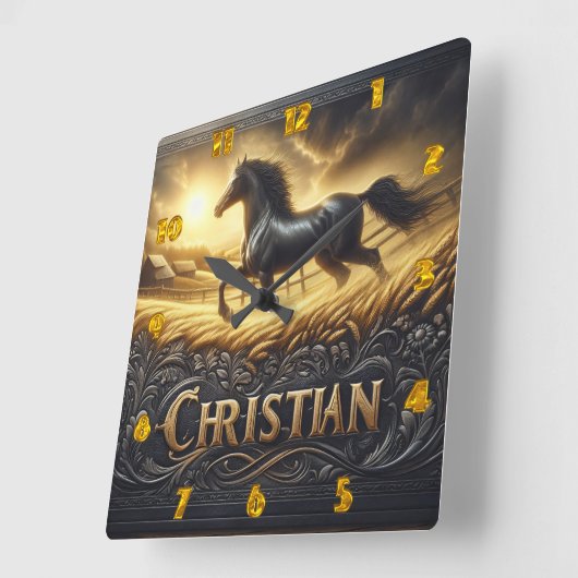 ブラックホース威厳のあるギャロピンアットサンライズ スクエア壁時計 (傾斜)