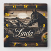 ブラックホース素朴ポートレートアットサンセットランドスケープ スクエア壁時計 (正面)