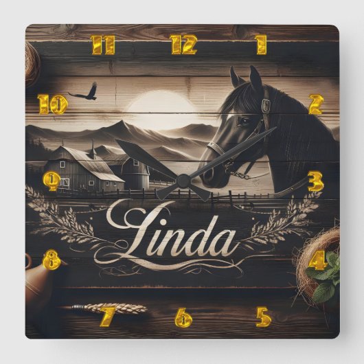 ブラックホース素朴ポートレートアットサンセットランドスケープ スクエア壁時計 (正面)