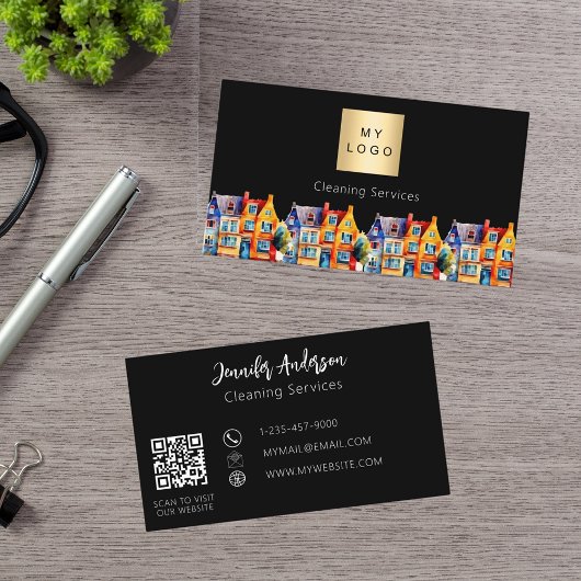 ブラックホームクリーニングサービスQRコードロゴ 名刺
