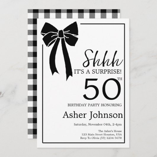 ブラックボウコケットサプライズ50thバースデーパーティー 招待状 (正面/裏面)