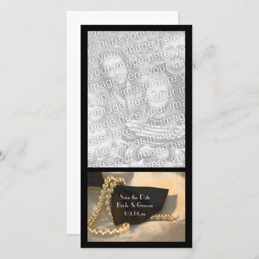 ブラックボウタイホワイトパールウェディングデートを保存 セーブザデート (正面/裏面)