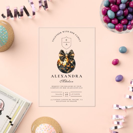 ブラックボウディスコボール卒業パーティー アクリル招待状 (インサイチュ (お祝い))