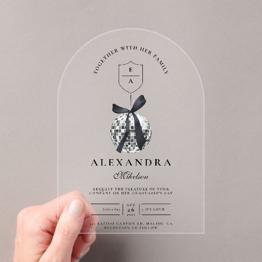ブラックボウディスコボール卒業パーティー アクリル招待状 (インサイチュ (ポータブル))