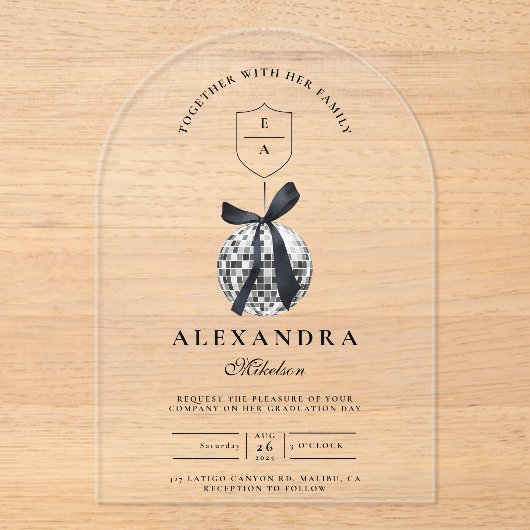 ブラックボウディスコボール卒業パーティー アクリル招待状 (正面)