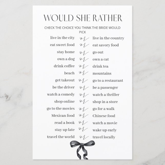 ブラックボウブライダルシャワーは彼女はむしろゲームだろう (正面)