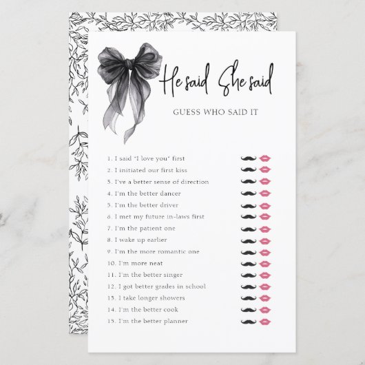 ブラックボウ彼は彼女はブライダルシャワーゲームを言った (正面/裏面)