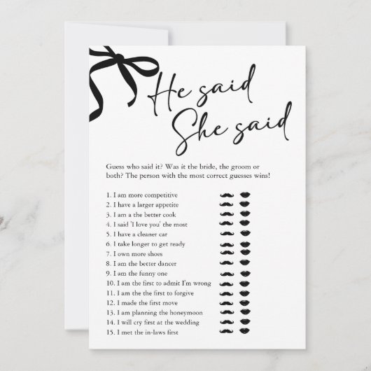 ブラックボウ彼は彼女はブライダルシャワーゲームを言った 招待状 (正面)