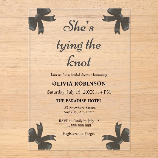ブラックボウ彼女は結び目のブライダルシャワー アクリル招待状 (正面)