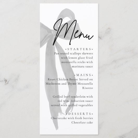 ブラックボウ彼女は結び目のブライダルシャワー メニュー (正面)