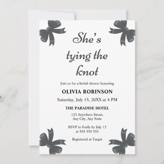 ブラックボウ彼女は結び目のブライダルシャワー 招待状 (正面)