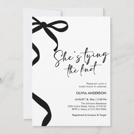 ブラックボウ彼女は結び目のブライダルシャワー 招待状 (正面)