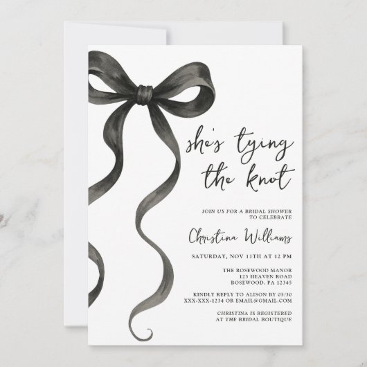 ブラックボウ彼女は結び目のブライダルシャワー 招待状 (正面)